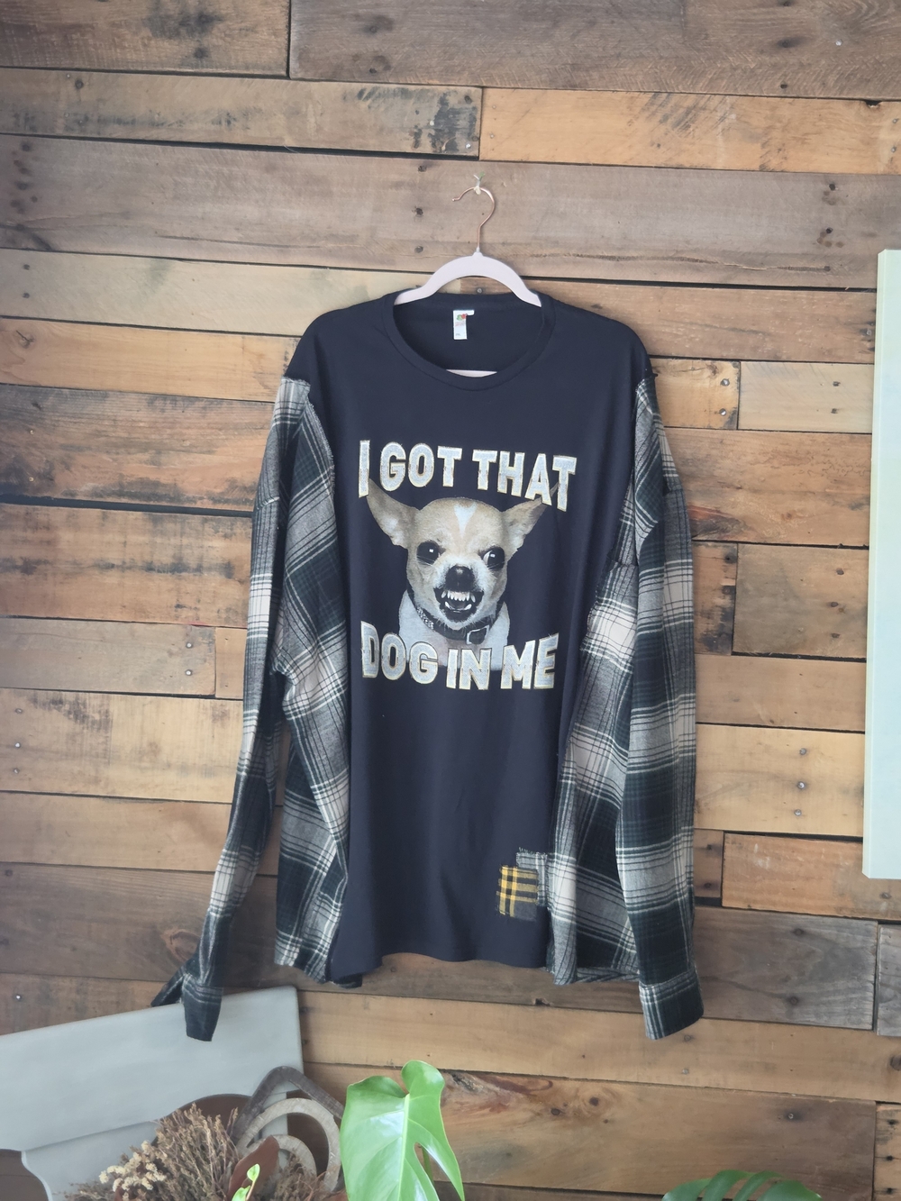 Upcycled Graphic T-shirt With Plaid Long Sleeves - Picture 4 of 8